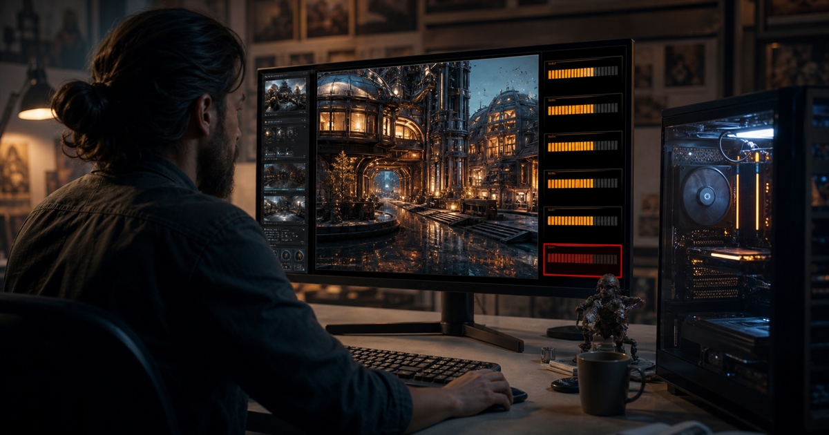 3D 렌더링 장면과 GPU 메모리 부담을 표현한 고해상도 워크스테이션 이미지