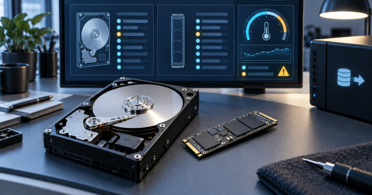 HDD와 NVMe SSD의 SMART 상태·온도·주의 항목을 비교하는 장면