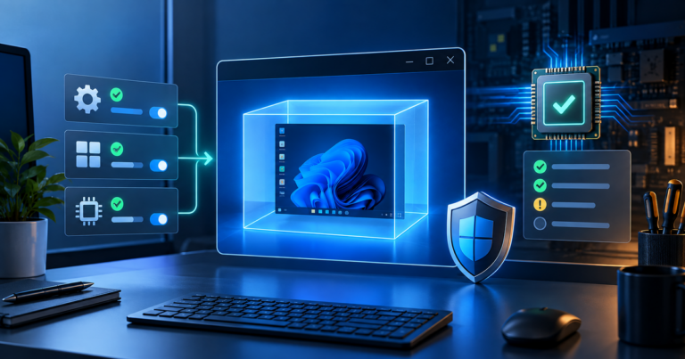 Windows Sandbox 실행 전 가상화·기능·보안 상태를 순서대로 점검하는 장면